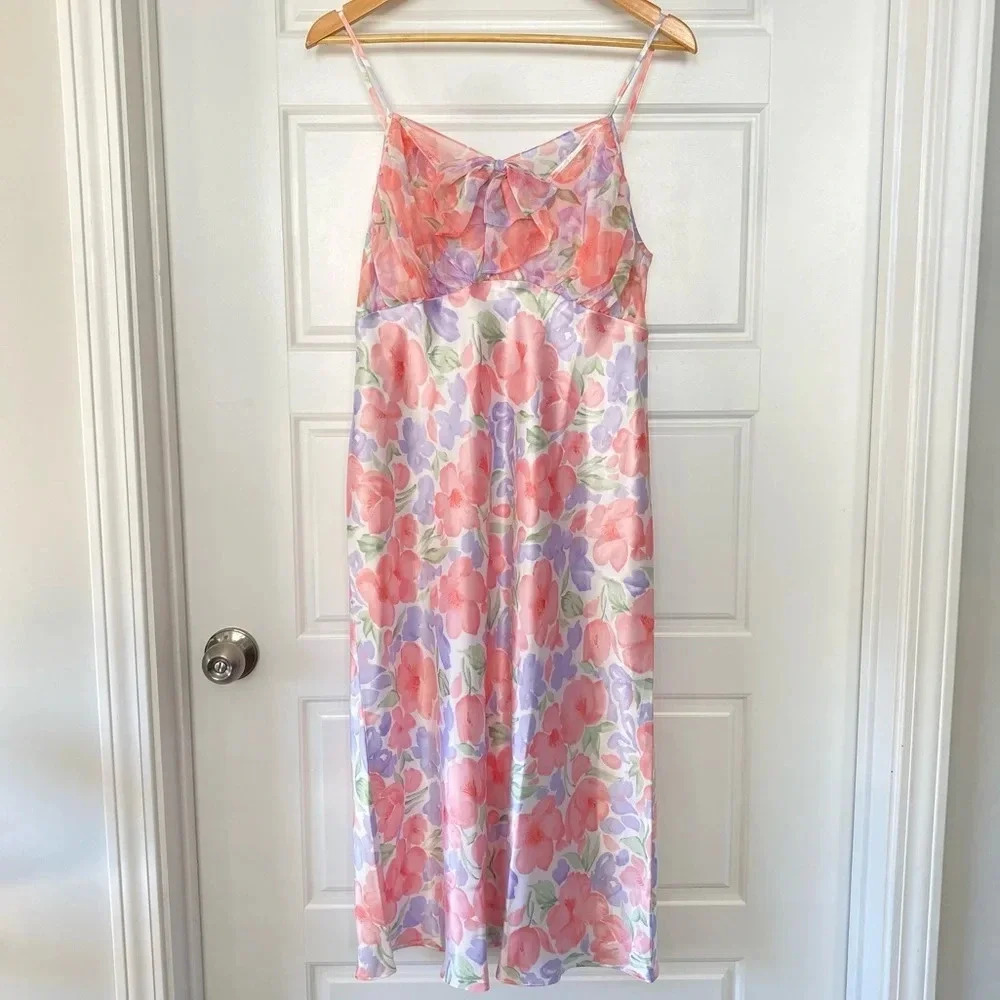 Vintage Josie 90s Feminine Pastel Floral Maxi Length Slip Dress‎ Sheer Detail